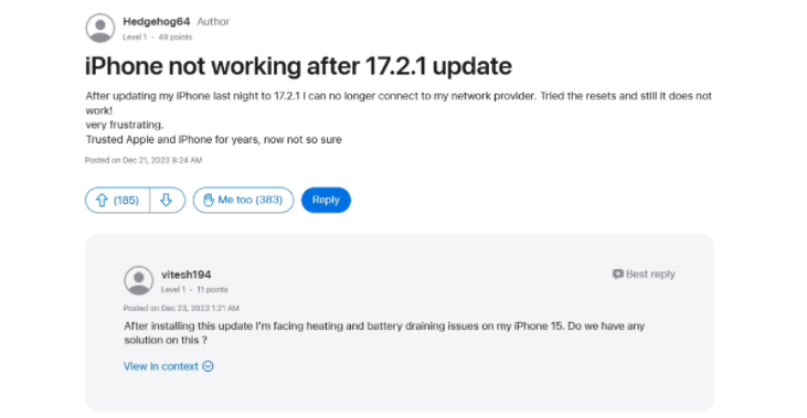 iPhone升级iOS  17.2.1出现无法接打电话、蜂窝上网的情况，如何修复？