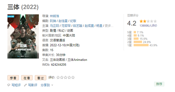 《三体》动画第九集更新观众不买账 豆瓣评分暴跌至4.2 差评达86%-第1张图片-9158手机教程网 《三体》动画第九集更新观众不买账 豆瓣评分暴跌至4.2 差评达86%-第1张图片-9158手机教程网
