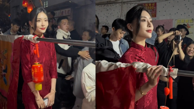 女生穿旗袍扛标旗慢步不断眨眼扭头观察四周,颜值令网友不淡定!-第1张图片-9158手机教程网 女生穿旗袍扛标旗慢步不断眨眼扭头观察四周,颜值令网友不淡定!-第1张图片-9158手机教程网