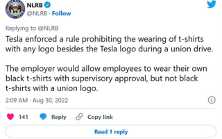 员工上班需穿带有公司标志T恤 特斯拉被判违法